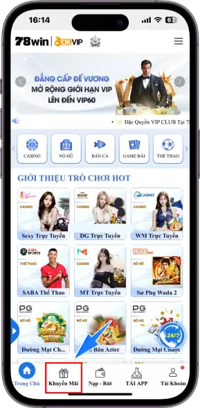 Bước 1: Tại trang chủ chọn mục KHUYẾN MÃI